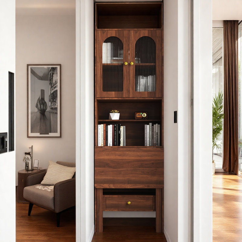 Bureau d'écriture convertible pliable avec bibliothèque, Noyer