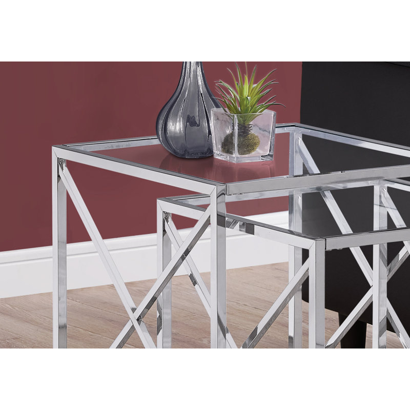 Nesting Table Set Of 2, Side, End, Accent, Living Room, Bedroom, Metal, Tempered Glass, Clear, Chrome