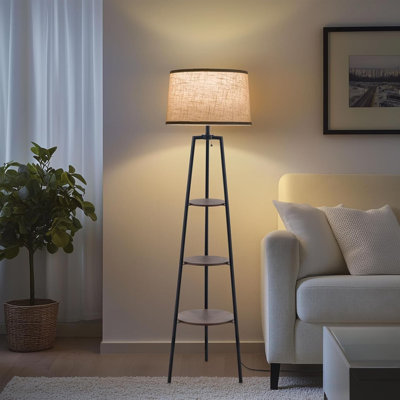 Modern 3-Tier Shelf Floor Lamp With Adjustable Color Temperature, Tripod Wood Base And Convenient Side Table For Living Room, Bedroom And Office