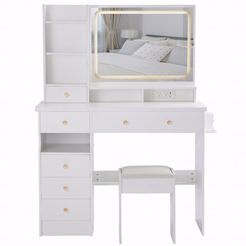 41" Large Size Left Drawer Desktop Vanity Table+Cushioned Stool Dresser Set, 2 Ac+2 Usb Power Station, Hair Dryer Stand, Extra Large Touch Control Led Mirror, 3-Color Switch, Epa, Gcc, Ul Certificate