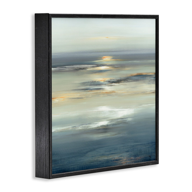 «Tranquil Nautical Sunrise Reflection» - impression, H 12 po x l 12 po, Giclée encadrée noir minuit