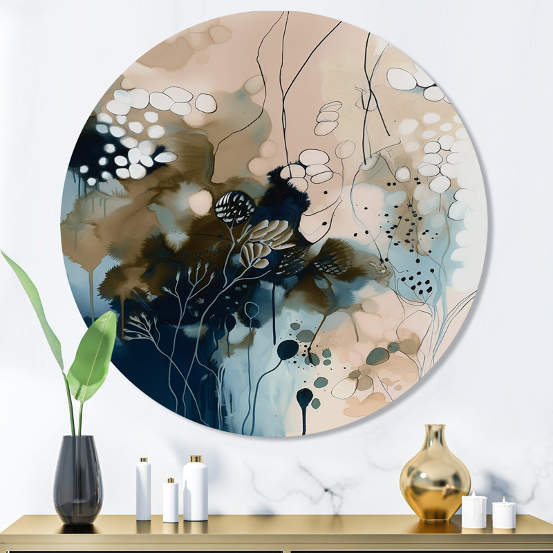 Blue Abstract Reflections I - Art mural rond abstrait sur métal, H 23 po x l 23 po x P 1 po
