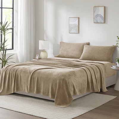 Grand drap 4 pièces taupe - 100% velours doux à plat 2 taies d'oreiller élastiques lavables en machine pour des matelas confortables de 16 po brossés des deux côtés