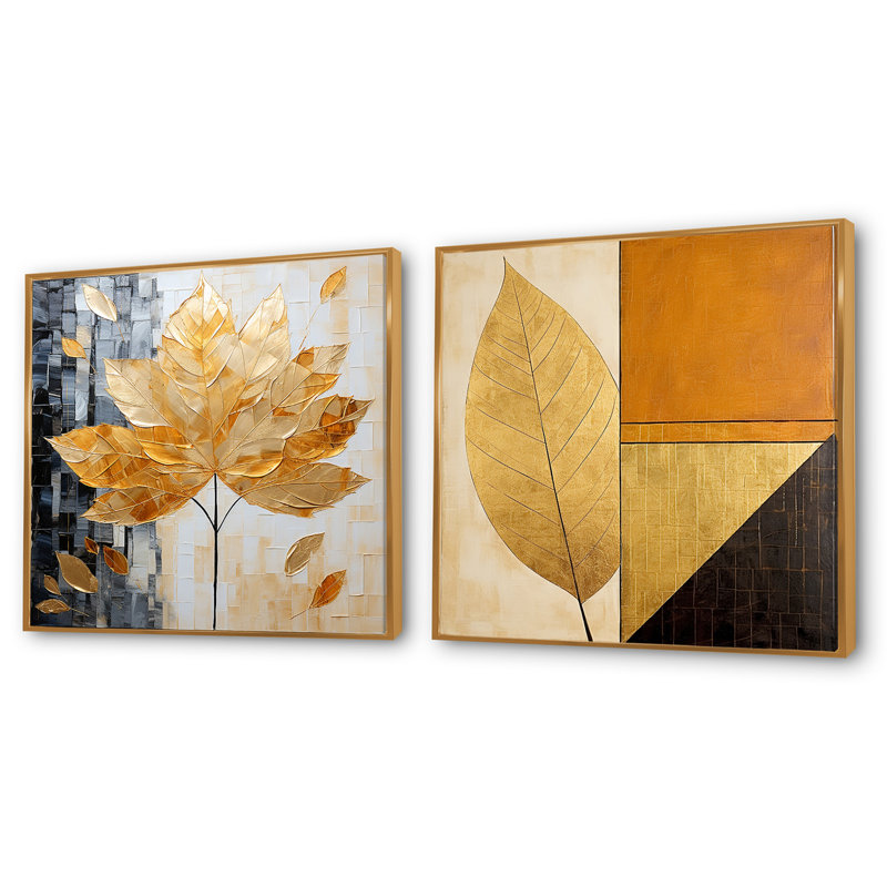 Feuillage doré à motif géométrique doré II - ensemble de 2 feuilles carrées, H 16 po x l 33 po, Cadre flottant doré