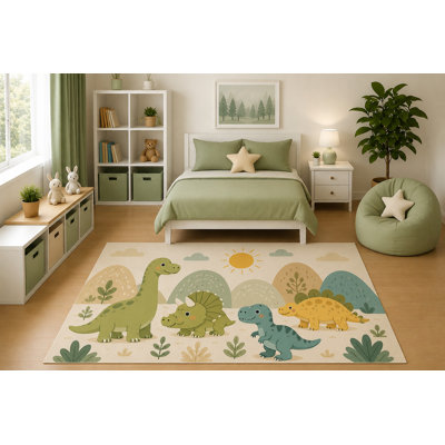 Tapis de paysage de dinosaure pastel «Ultra léger» 5 pi x 7 pi de style minimaliste préhistorique pour enfants, chambre de bébé, chambre de jeu, décor pour chambre d'enfant, tapis en silicone antidérapant