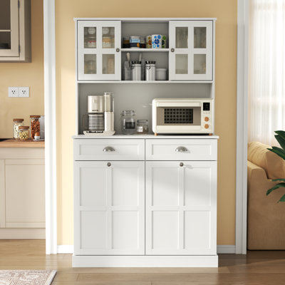 Double Tilt Out Trash Cabinet With 2 Drawers, Kitchen Pantry Storage Cabinet With 20 Gallon Trash Cabinet