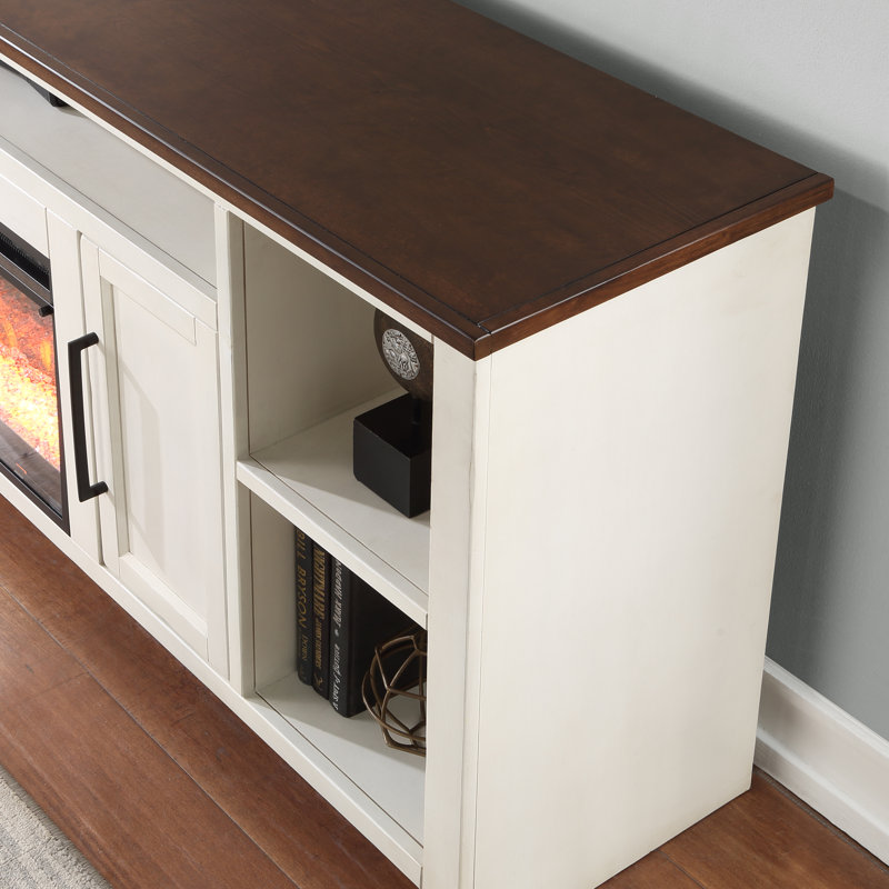 Meuble télé Yosel avec foyer électrique 85 po pour téléviseur de 95 po ou moins, fini blanc et whisky