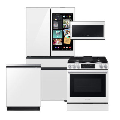 Samsung Bespoke White Glass Counter Depth Kitchen Package With 4Dr Bespoke Ai Family Hub + Counter Depth White Glass