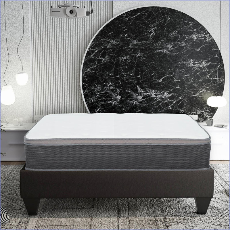 Mattresses | 12 in. Queen Pocket Spring Hybrid Mattress | Plush Gel Memory Foam | Snow White &amp; Light Gray | Grey+White | Polyester