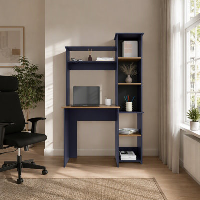 De bureau H 64 po, 7 tablettes, bleu Alby / chêne naturel - Bureau à domicile