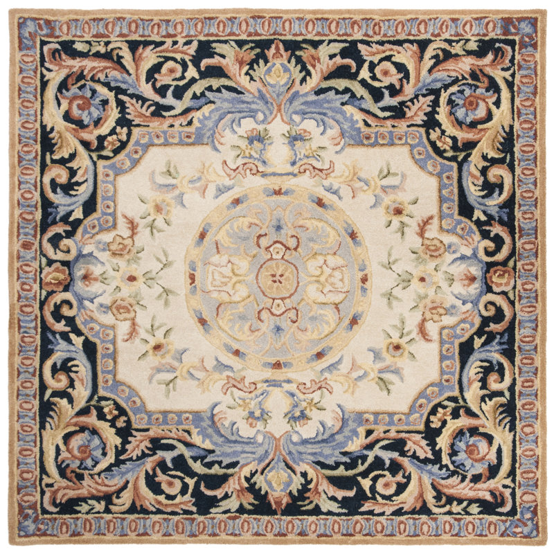Tapis ivoire / bleu marine en laine touffeté à la main Priscila, Carré 6 pi