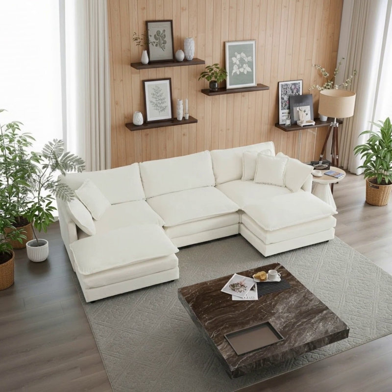 Canapé modulaire en U avec repose-pieds réversible, canapé d'angle convertible 5 places, canapé moderne minimaliste doux pour le salon, blanc