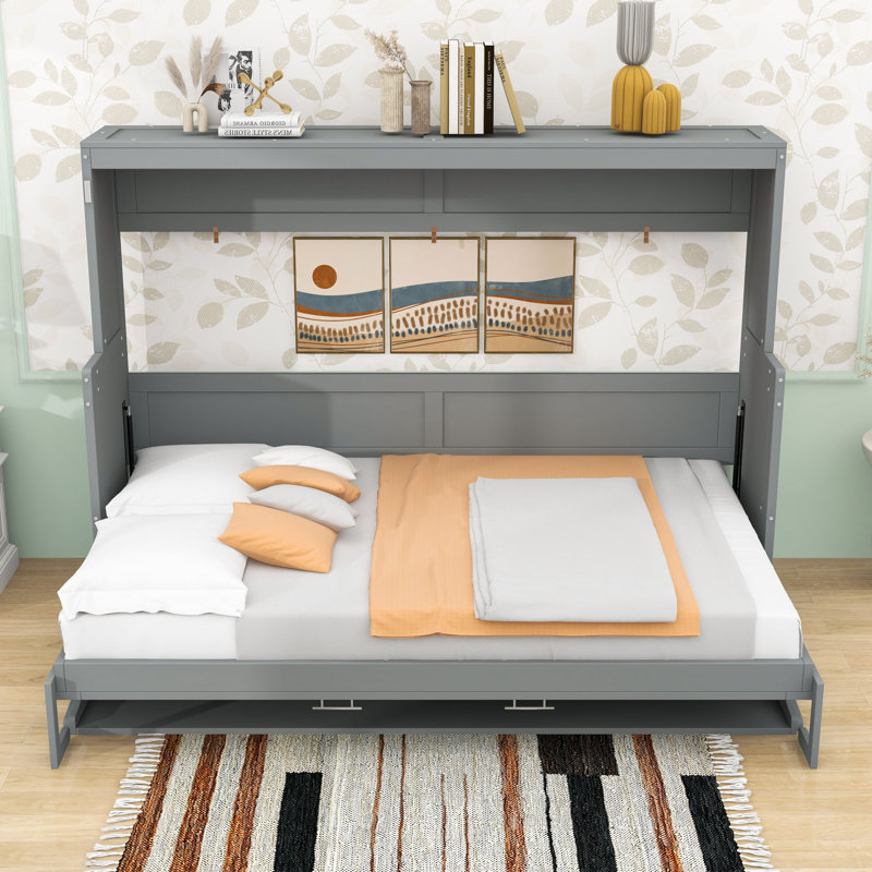 Lit escamotable mural avec tablettes, Gris, Double