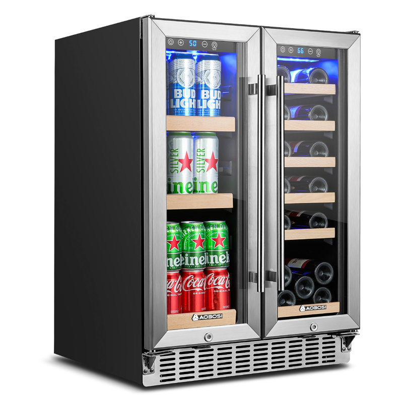 23.4" Dual Zone Wine Cooler, Built-in Or Freestanding, Holds Up To 19 Bottles, Stainless Steel Frame, Quiet Compressor, Touch Control & Led Lighting