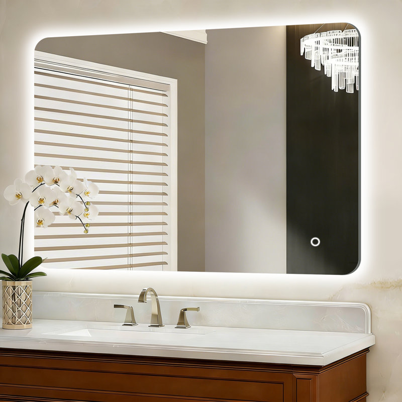 UL Certified Modern Backlit LED Rounded Rectangle Bathroom Mirror,Tempered Glass Anti-Fog 3 Color Dimmable with Memory Function