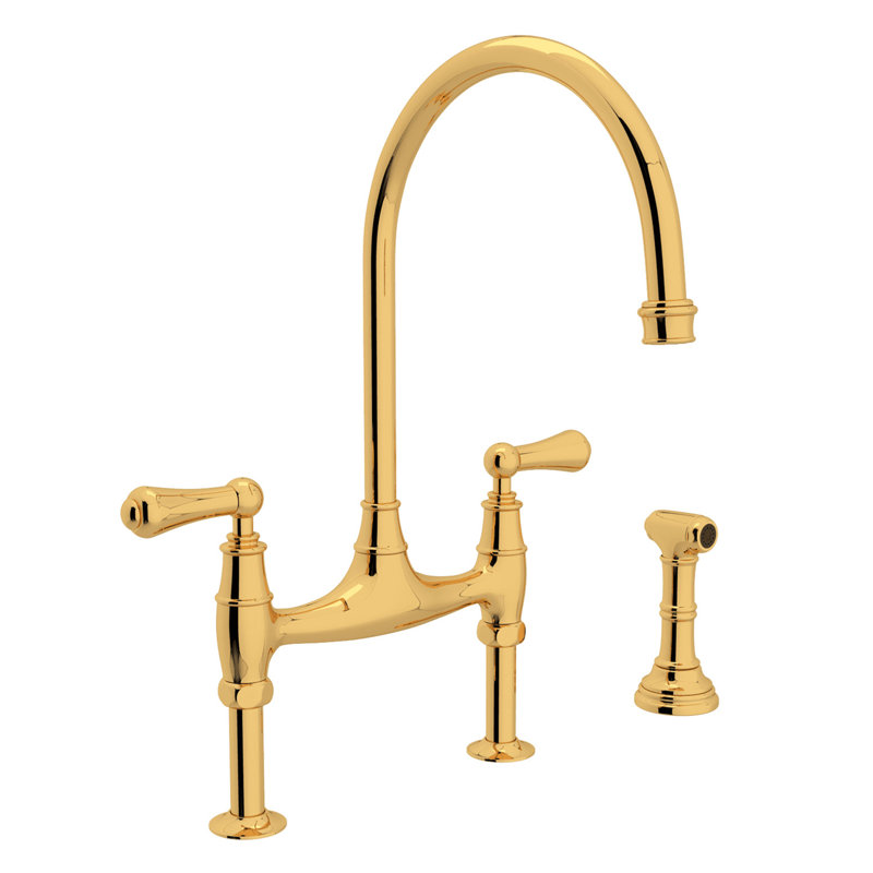 Georgian Era Bridge Kitchen Faucet With Side Spray, English Gold