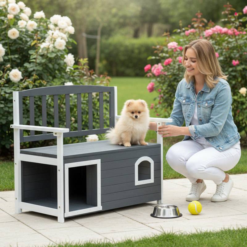 Banc de rangement extérieur en bois massif avec niche pour chien intégrée
