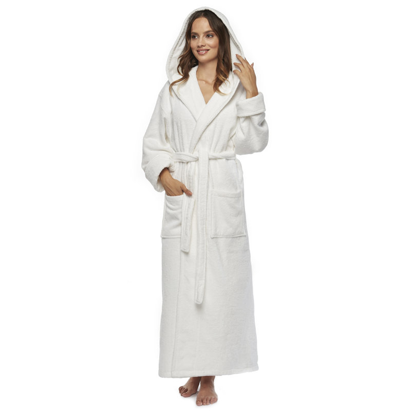 Peignoir de cheville en Ratine de coton pour femmes avec hotte 100%, Blanc, H 53 po x l 29,5 po