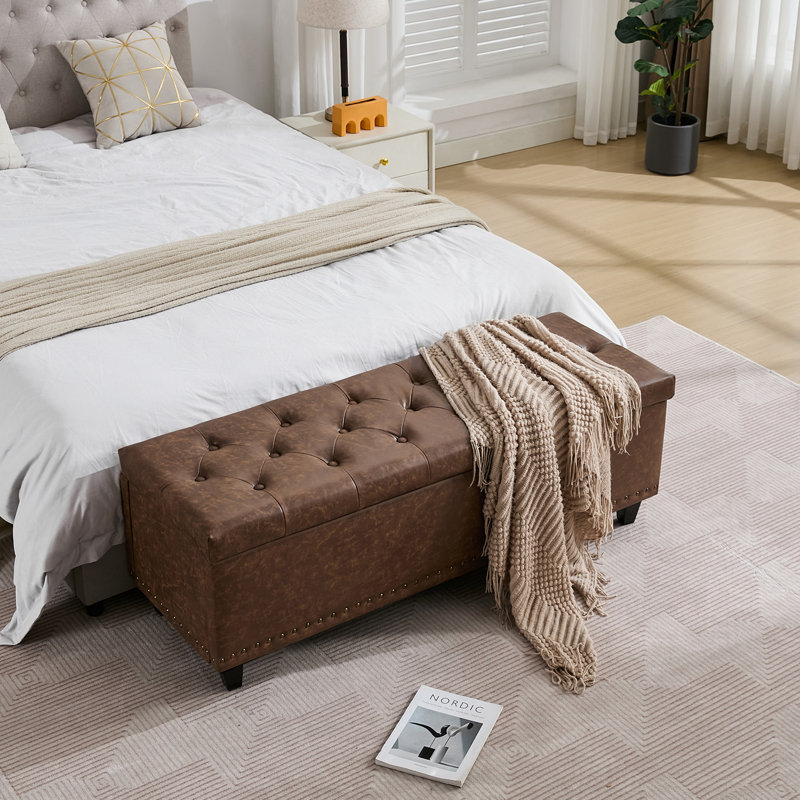 Espana 51'' Upholstered Tufted Storage Ottoman, Brown Faux Leather