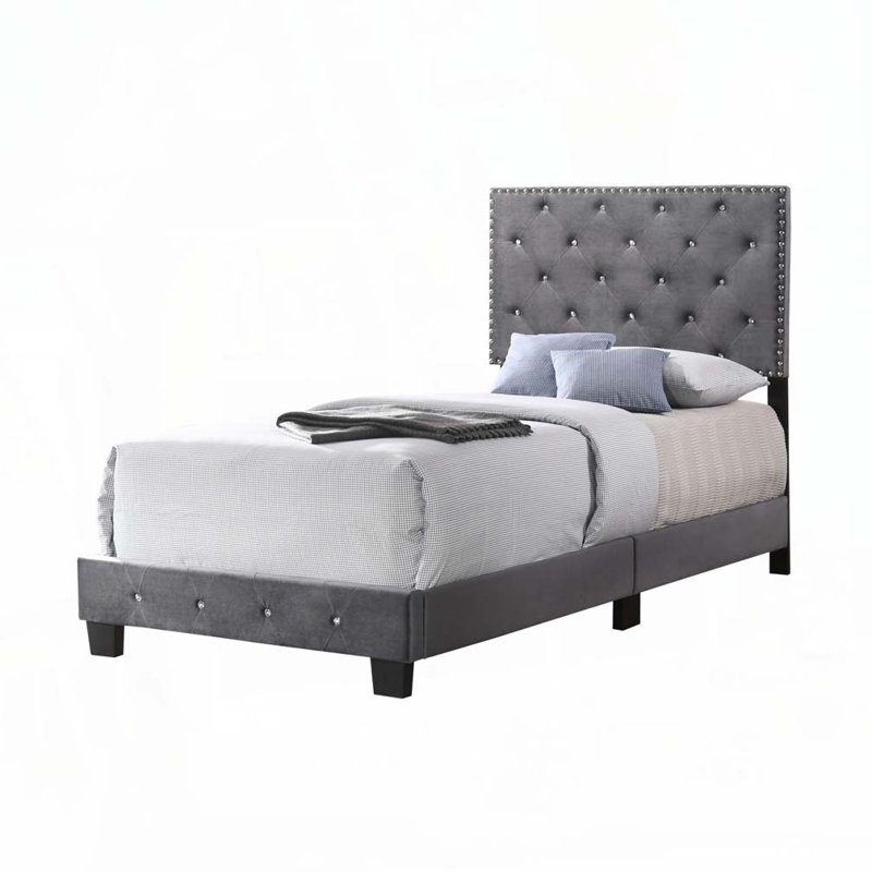 Lit rembourré en velours avec tête de lit capitonnée, Gris, Lit simple