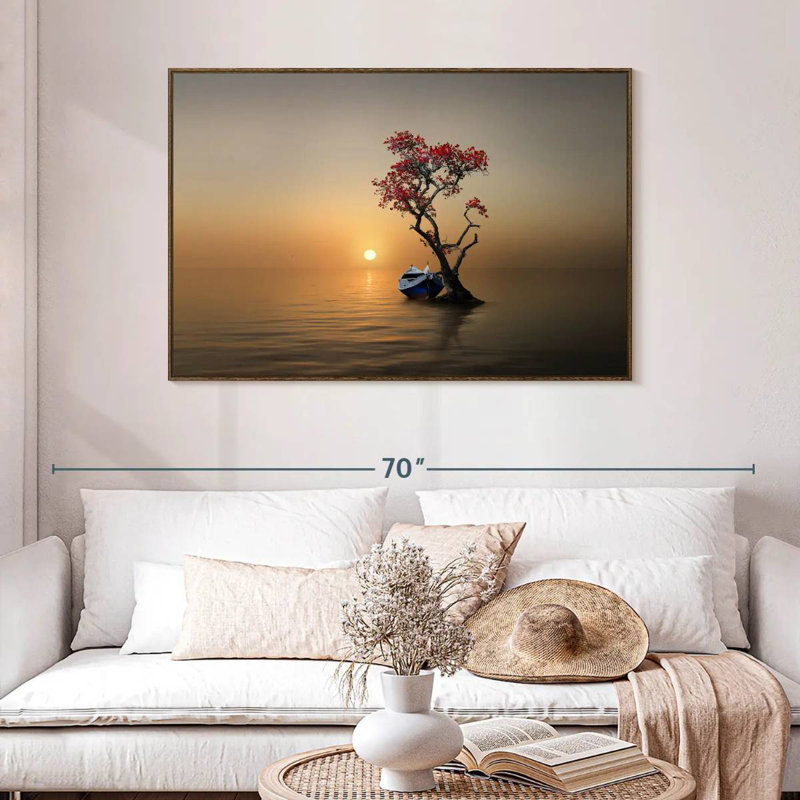 Bateau amarré à un arbre, 46 po x 31 po, Cadre flottant noyer