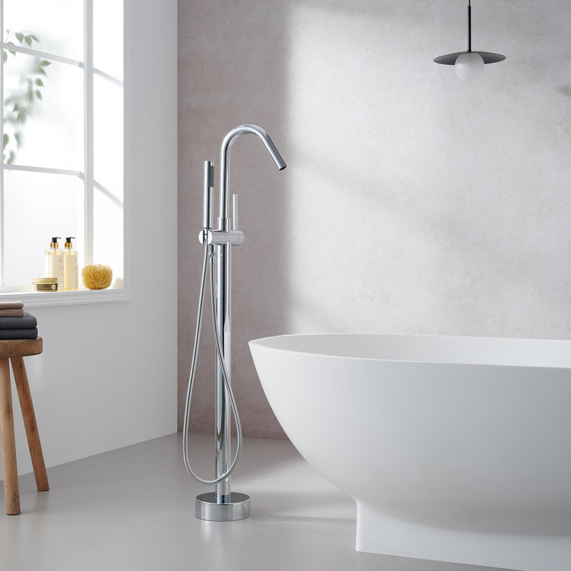 Marina Single Lever Handle Freestanding Floor Mounted Tub Filler with Handshower, Polished Chome