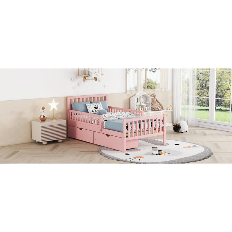 Space-saving Twin Wood Platform Bed With Guardrails And Storage, Pink - Modern Design For Cozy Bedrooms