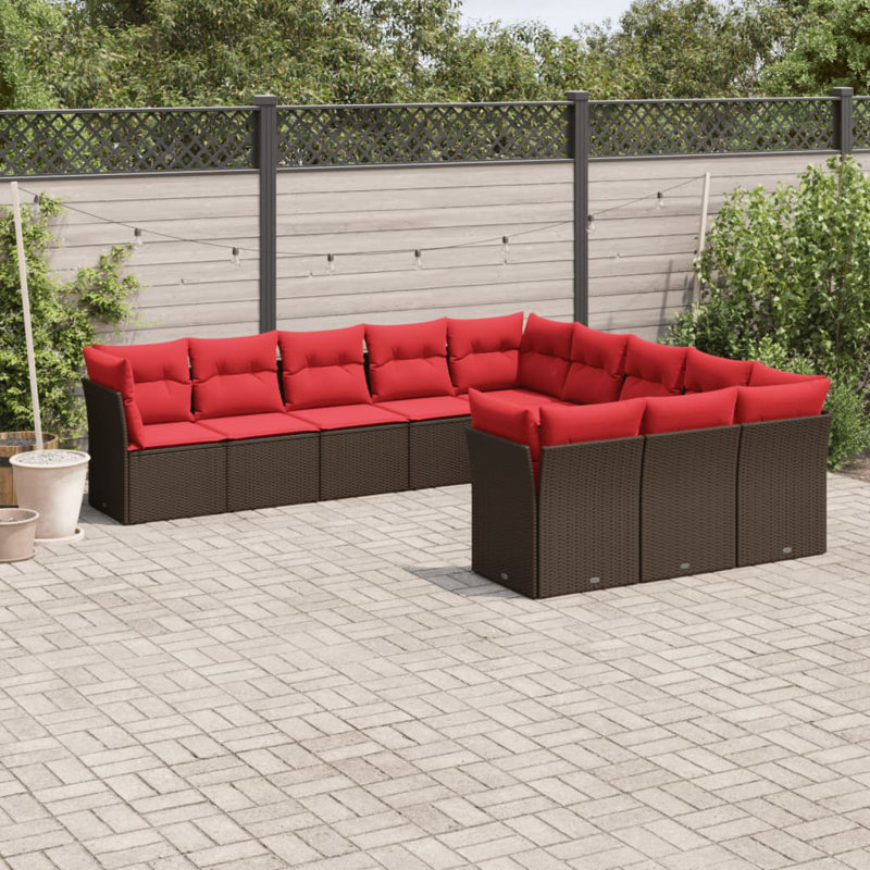 12 Piece Patio Sofa Set With Cushions Gray Poly Rattan, Red Cushion/Brown Frame