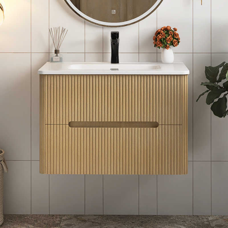 30'' Wall Mounted Single Bathroom Vanity With Ceramic Top, Light Oak