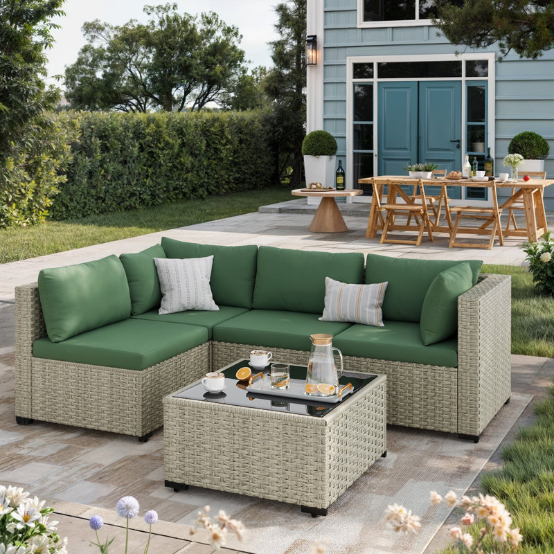 5 Pieces Design-Oriented Rattan Patio Conversation Sets With Cushions, Green