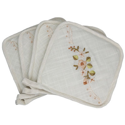 Linen Flowers Crewel Embroidered with Hemstitch Potholder