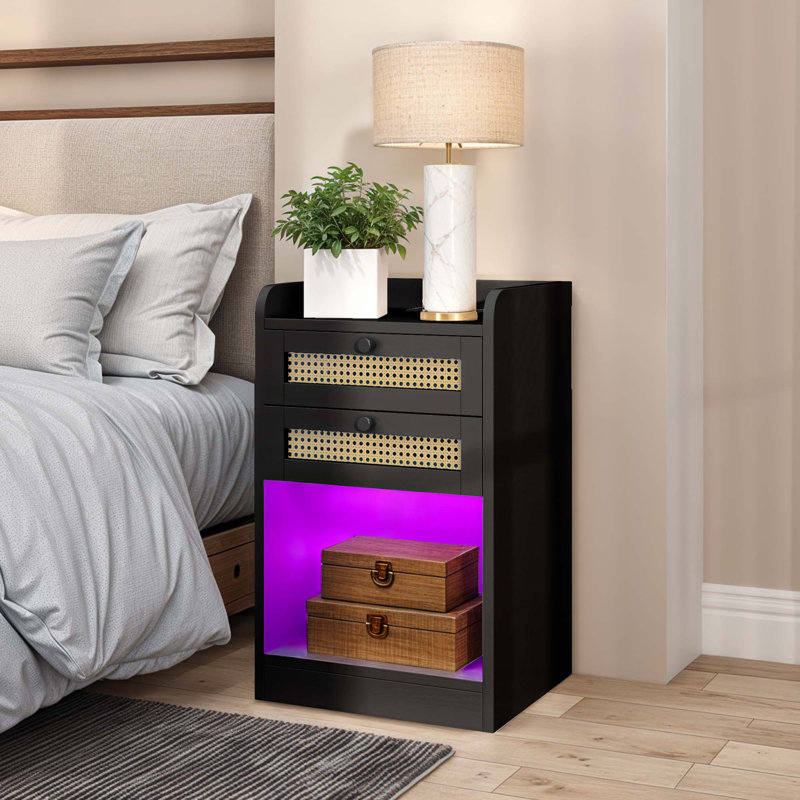2 - Piece LED Farmhouse Nightstand: Charging + Rattan Storage, Black