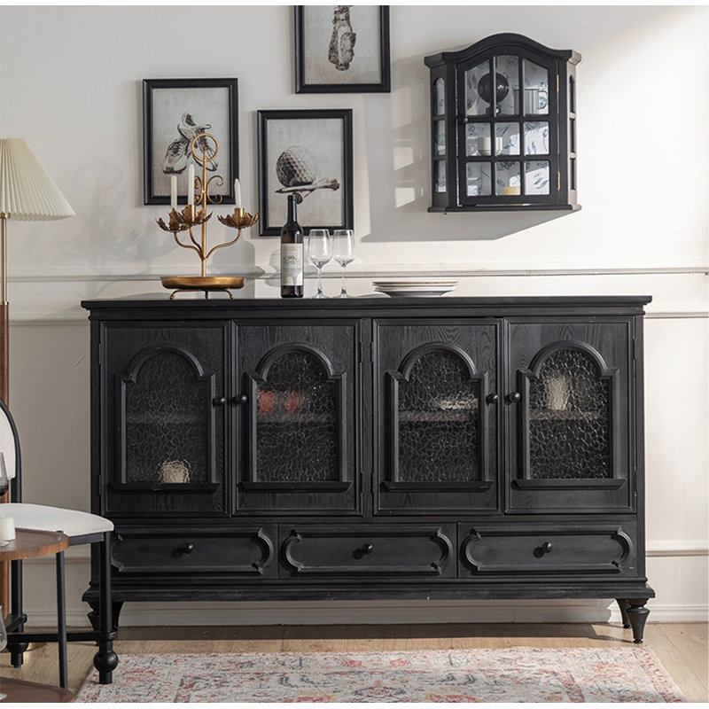 Mid-Century Style Solid Wood Tempered Glass Sideboard