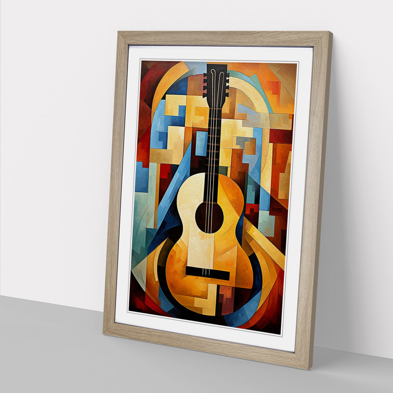 XYZ-FRM-V1223-1748 Acoustic Guitar Cubism No.2 - Single Picture Frame Print on Wood, 64cm H x 46cm W x 2cm D, Oak