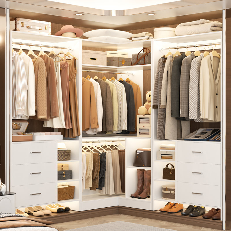 61'' - 92.6''  W Closet System with Wooden Drawers and Hanging Rods, White