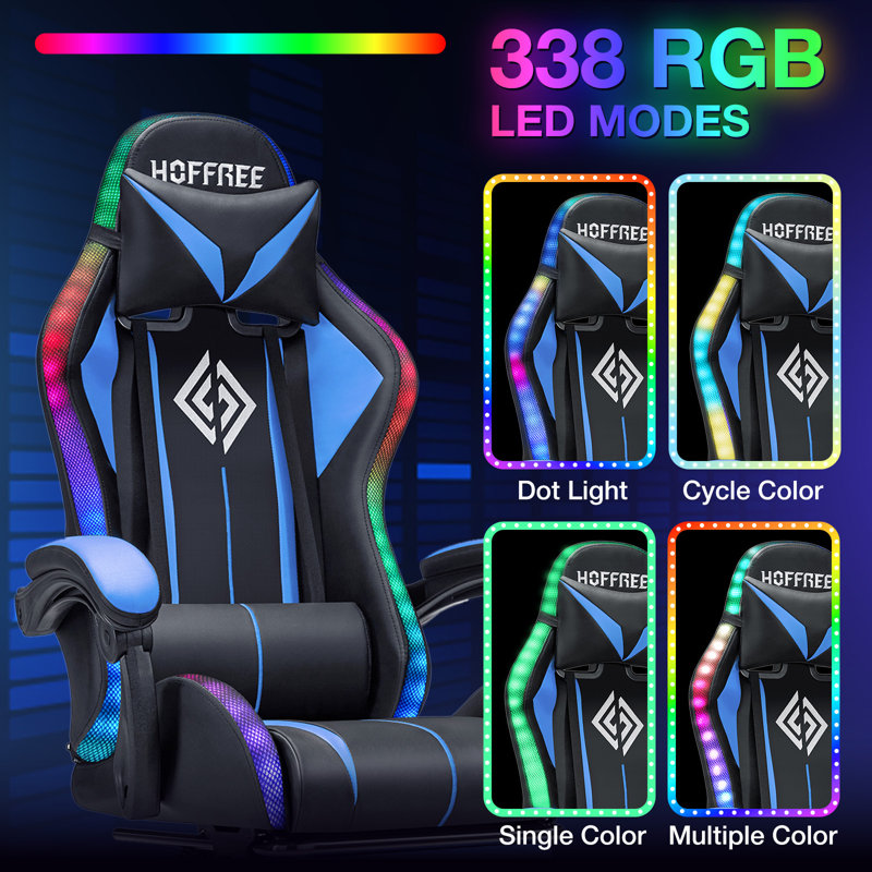 Hoffree LED Ergonomic Gaming Chair with Bluetooth Speakers and Vibration Lumbar Pillow, Blue/Black