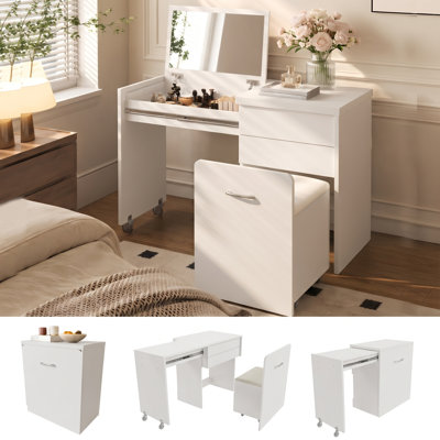 Coiffeuse de 119 cm avec miroir, coiffeuse pliable 3 en 1, blanche