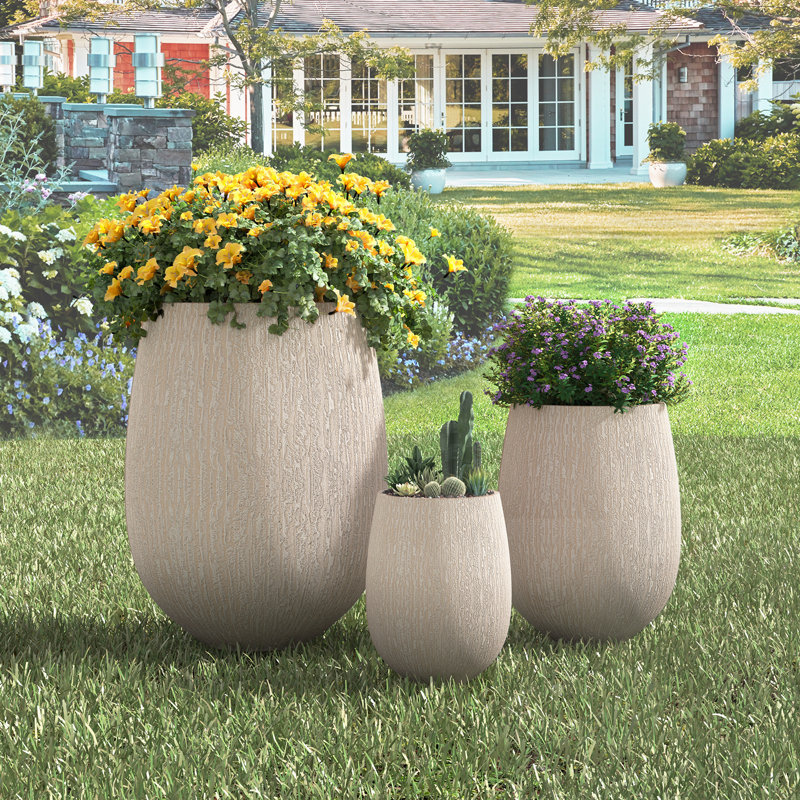 Egg-Shaped Stone-Look Planter Set Of 3 With Drainage Holes And Rubber Plug, Beige