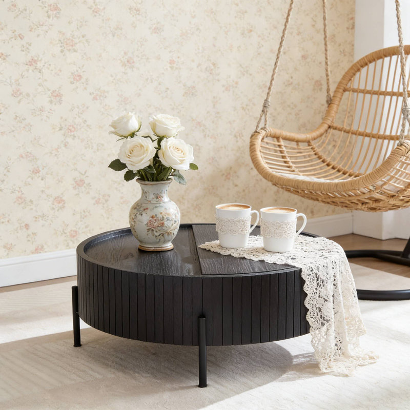 Table basse tournante moderne 31,49 ", pieds en bois aggloméré noir et bois aggloméré pour coin lecture, Noir