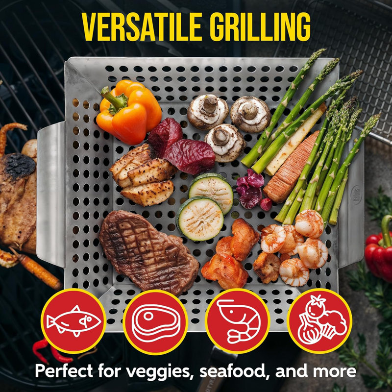 Kaluns Heavy Duty Stainless Steel Vegetable Grill Basket, Rectangular BBQ Grilling Tray for Vegetables, Seafood & Meat, Rust-Resistant, Dishwasher Safe, Silver