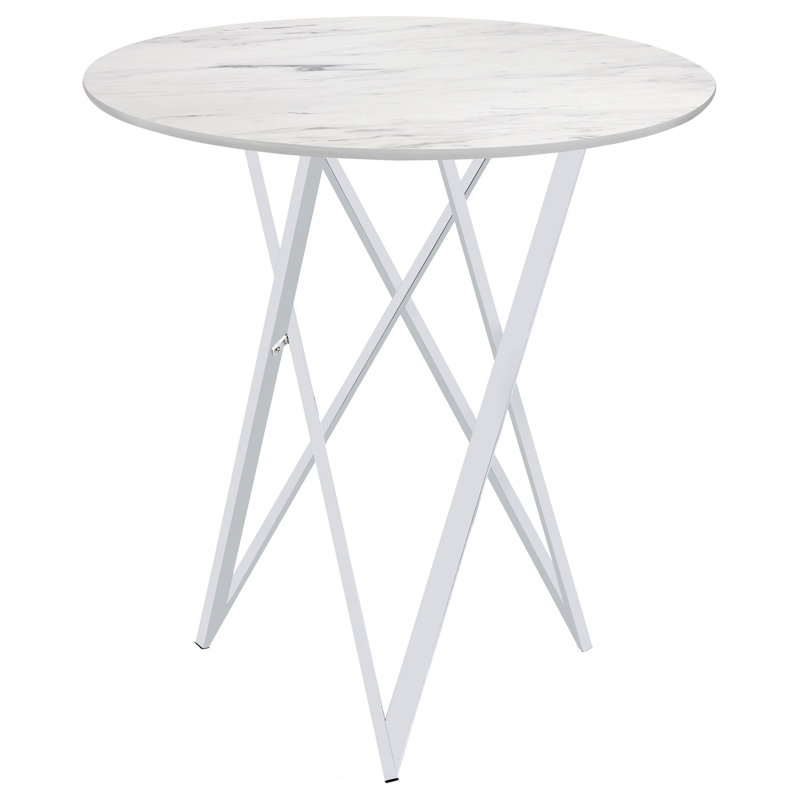 Halverson White And Chrome Faux Marble Round Top Bar Table