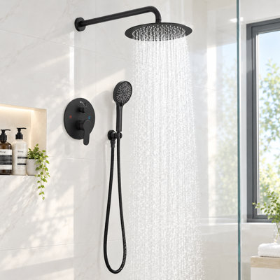 Round Shower Faucet Matte Black Shower System With 12 Inches Rain Shower Head And Handheld Spray