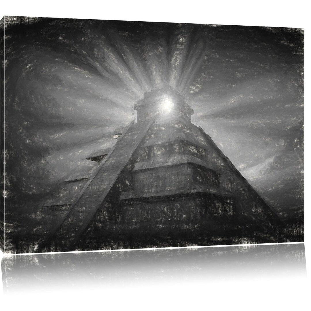 Leinwandbild Maya Pyramide mit Sonnenuntergang in Grau/Schwarz