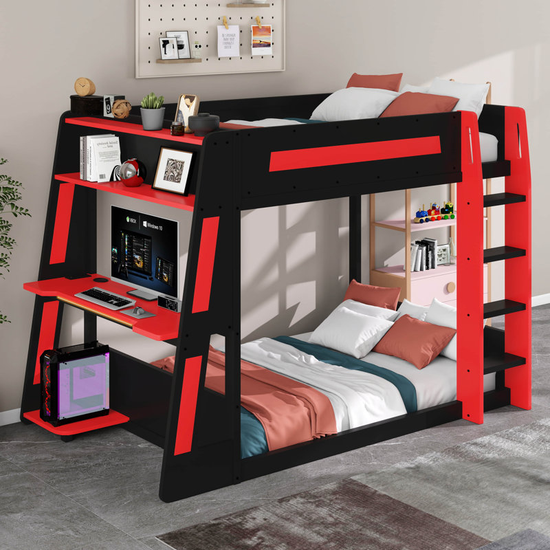  Lit superposé en bois avec bureau intégré, lumières DEL, port USB et 2 tablettes de rangement, lit mezzanine en bois, Rouge