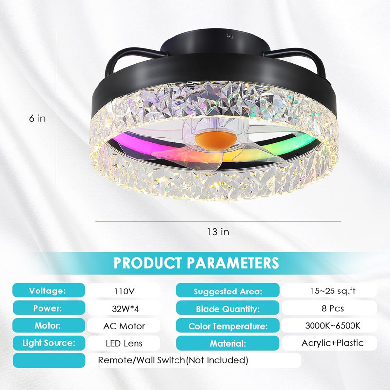 13 petits ventilateurs de plafond encastrés modernes avec lumières et télécommande, Noir - rouge, vert et bleu