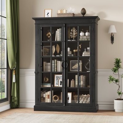 65" Tall Modern Farmhouse Display Storage Cabinet with Tempered Glass Doors, 5-Tier Curio Cabinet with Adjustable Shelves