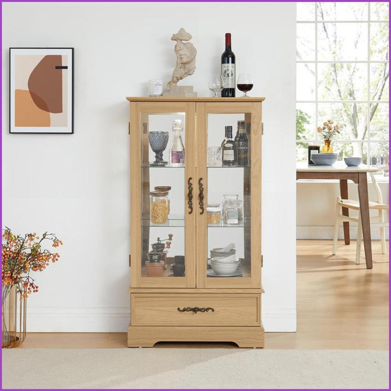 Curio Display Cabinet, American Retro Lighted Glass Cabinet with Adjustable Shelves, 2 Doors &amp; 1 Drawer | Oak, Oak