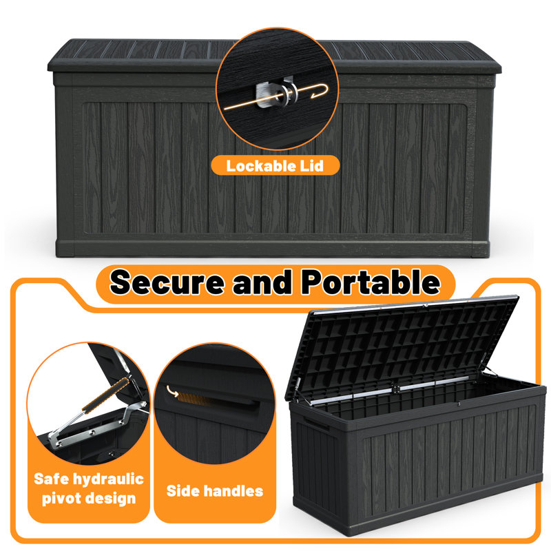 Coffre de terrasse noir à double paroi de 260 gallons avec technologie à double paroi, résistant aux intempéries et pouvant servir de structure de table, de résine de protection, d'outils de jardinage idéaux et de surface supplémentaire