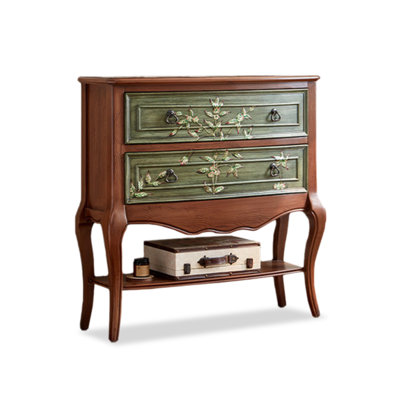 French Country Solid Wood Chest of Drawers, Hand Painted Floral Curved Leg 2 Drawer Entry Console Cabinet