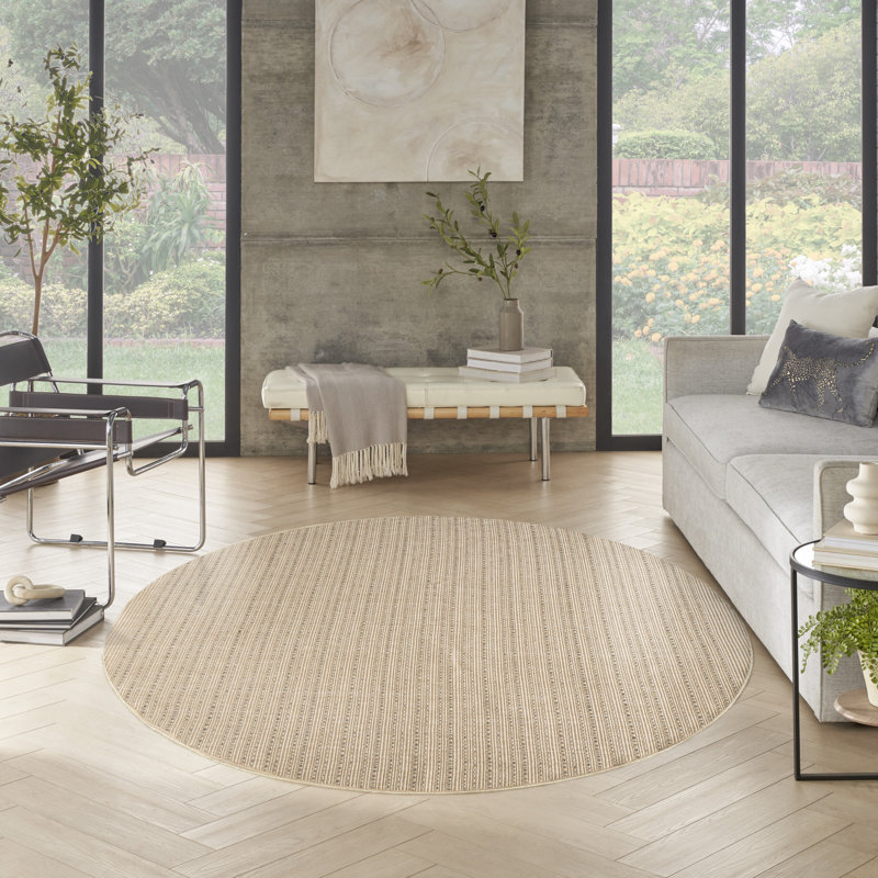 Tapis intérieur / extérieur rayé Tulum, Tanné, Rond 8 pi